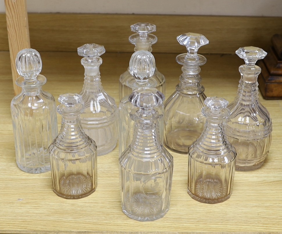 Three pairs of 19th century cut glass decanters and 3 single cut glass decanters